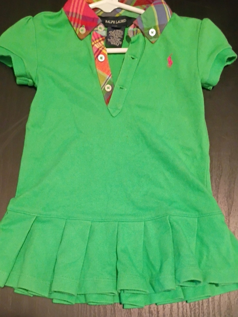12 Month Ralph Lauren Bright Green Polo Dress with Plaid Collar